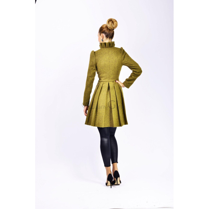 Back view of the Lena 2 coat showing its ruffled collar and waist pleats