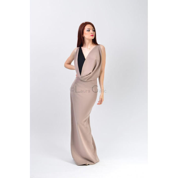 Malvina nude dress with a long straight skirt and draped front bodice