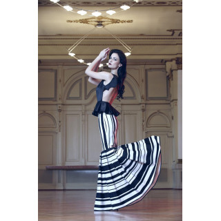 Sânziana black and white dress with a black bodice and voluminous striped skirt
