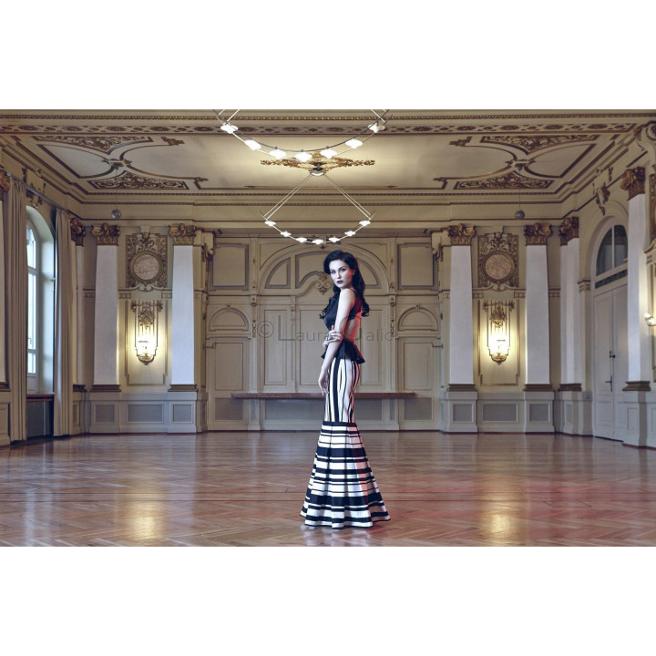 Full-length Sânziana dress with a black bodice and black-and-white striped skirt