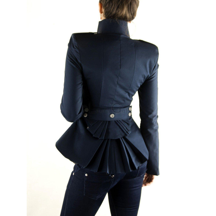 Rear detail of the Dina jacket showing its voluminous peplum and waist buttons