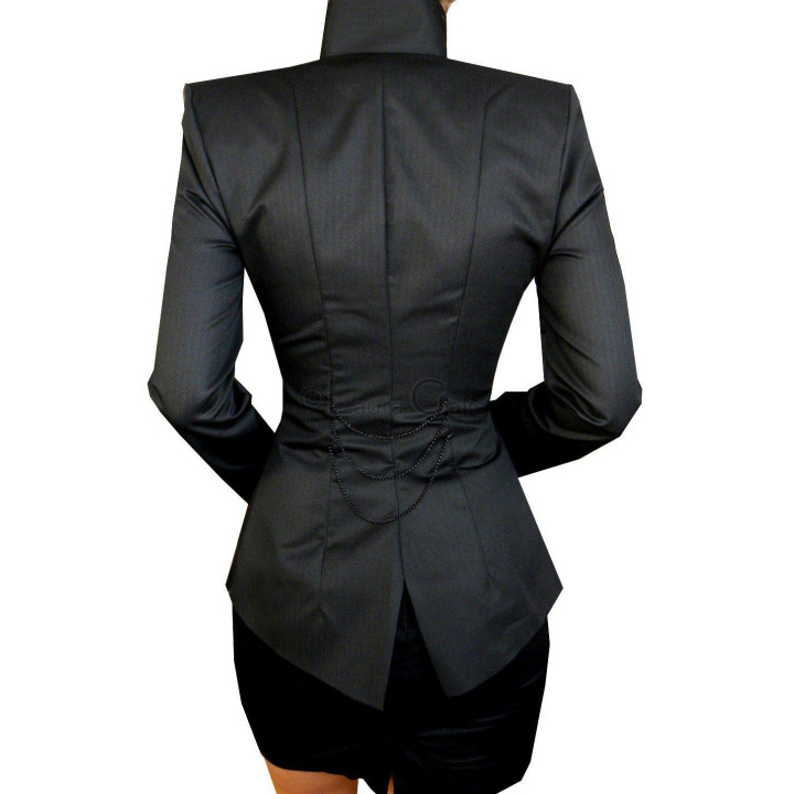 Back of the Matilda jacket showing its fitted waist, shaped seams and decorative chains