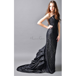 Valentina 2 black mermaid dress with grey ornamental pattern and extended train