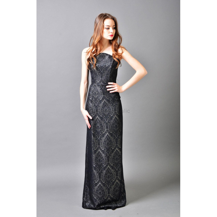 Rochie lungă Valentina 2 cu bust fără bretele și model ornamental pe fond negru