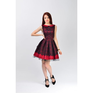 Gina lace dress with black overlay, red base, rounded collar and full skirt