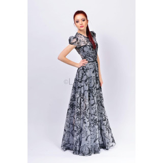 Rochie lungă Floarea cu imprimeu ornamental gri-argintiu și fustă amplă