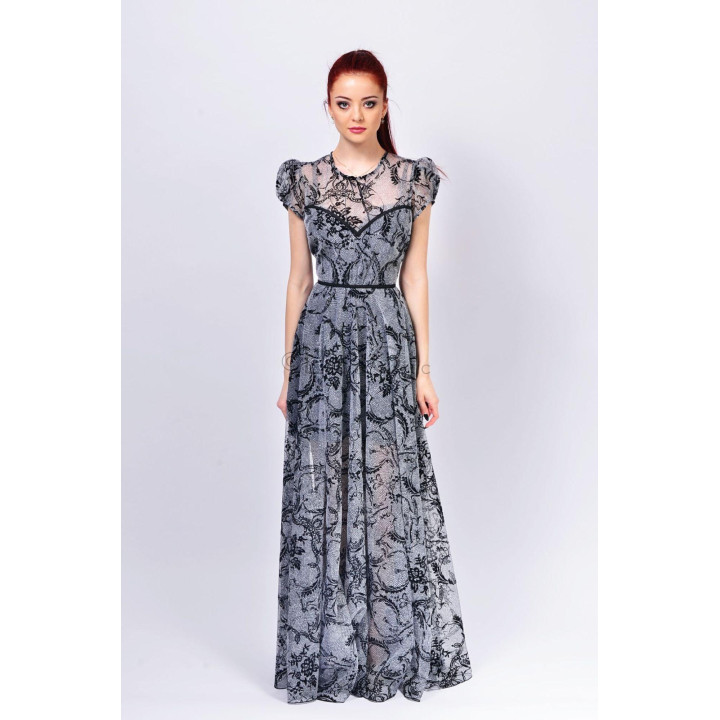 Front view of the Floarea dress with short puff sleeves and defined waist