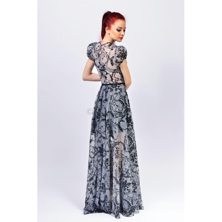 Back view of the Floarea long dress with black print and small keyhole opening