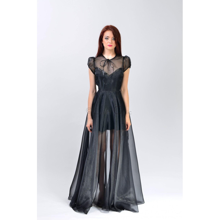 Black Floarea organza dress with a floor-length sheer skirt and neckline bow