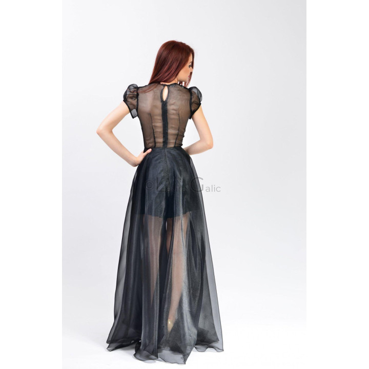 Rochie Floarea văzută din spate, cu corsaj transparent și fustă amplă din organza neagră