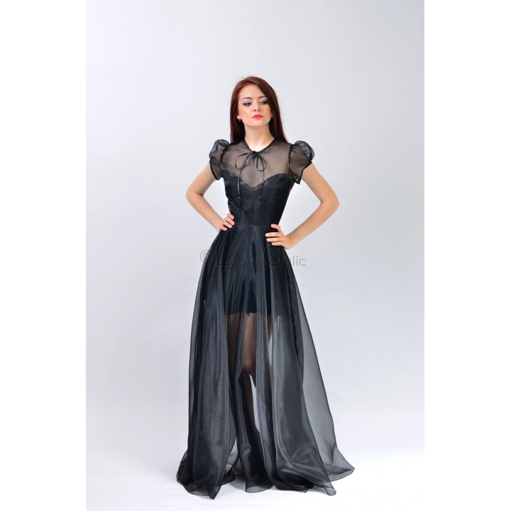Floarea evening dress with a defined waist, puff sleeves and sheer skirt overlay