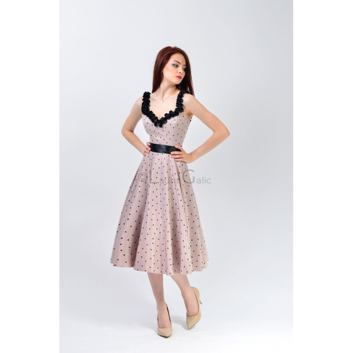 Briana 3 flared dress with a defined waist and small black heart print