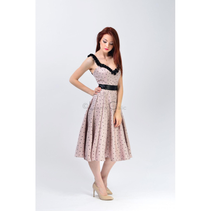 Sleeveless Briana 3 dress with ruffle straps and black hearts on powder pink