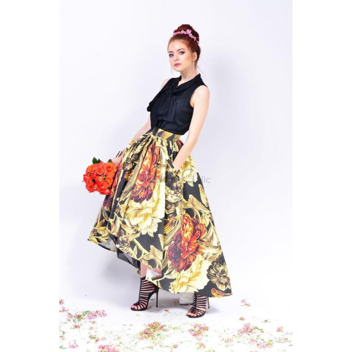 Black Letitia shirt with a high neckline and draped front bow