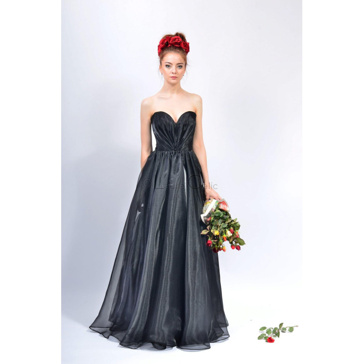 Aliah black evening gown with a strapless sweetheart neckline and full floor-length skirt