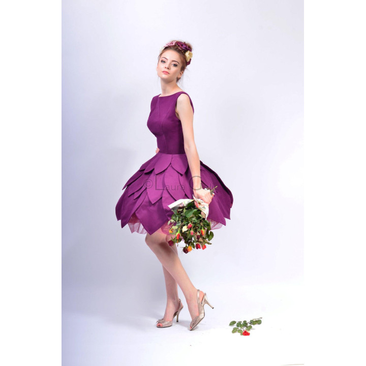 Gina 5a purple dress with a sleeveless bodice and voluminous layered petal skirt