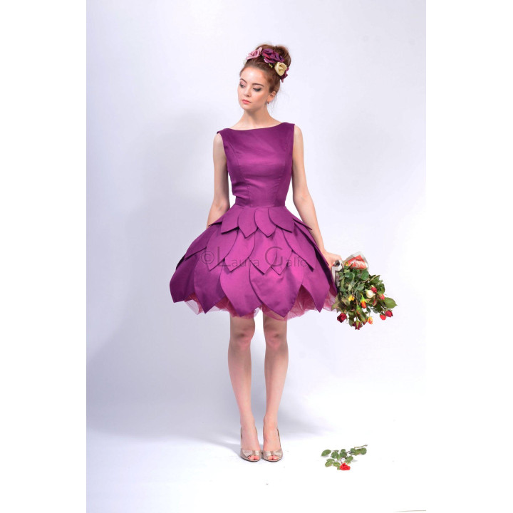 Purple Gina 5a dress with a defined waist and petal-shaped skirt panels over tulle