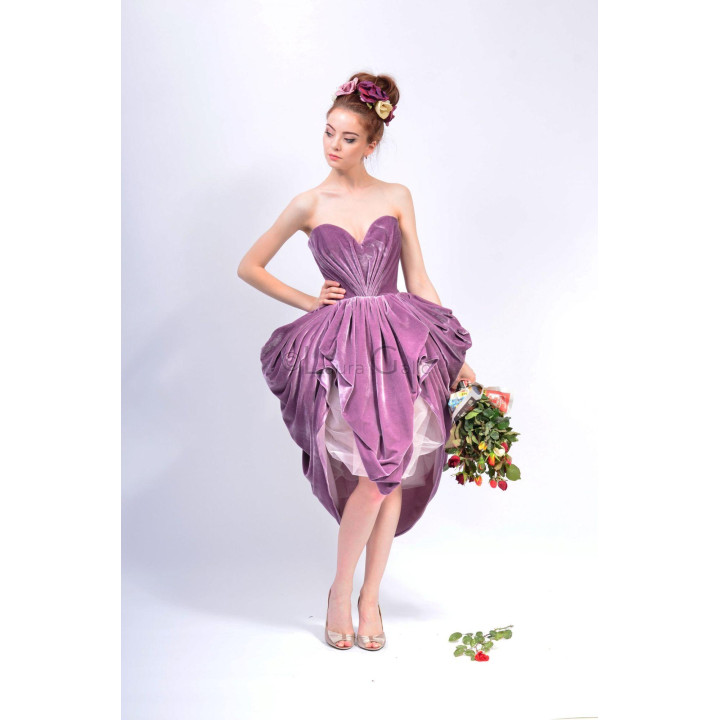 Ozana purple dress with a sweetheart bodice and voluminous draped skirt