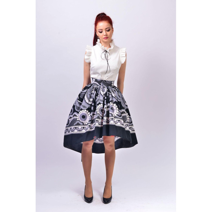 Front view of the Carolina 3 skirt with a full silhouette and black, grey, white and lilac print