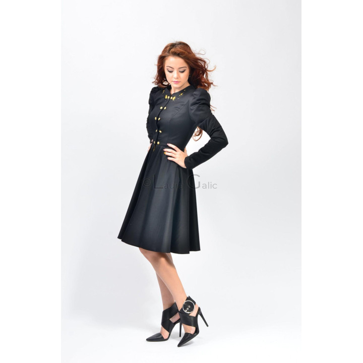 Lorelei babydoll coat with long sleeves and a flared, pleated skirt