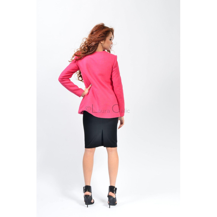 Back view of the bright pink Norma coat with a clean silhouette and rounded hem