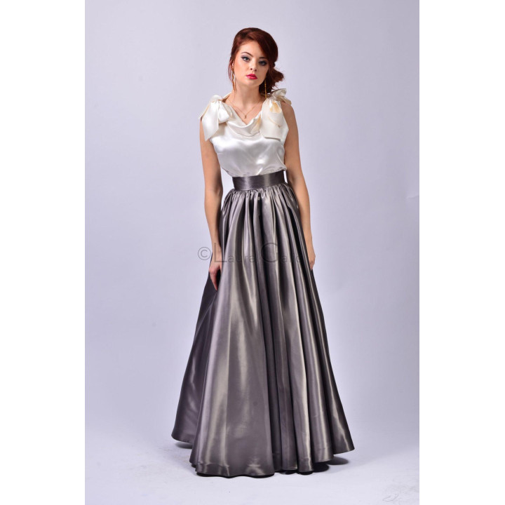 Denisa charcoal grey floor-length skirt with a wide waistband and full silhouette