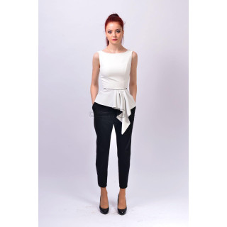 Front view of the white Gina 3 sleeveless blouse with asymmetric peplum and black waist trim