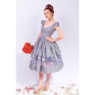 Grey Erica 2 dress with a full skirt and sheer floral-print band