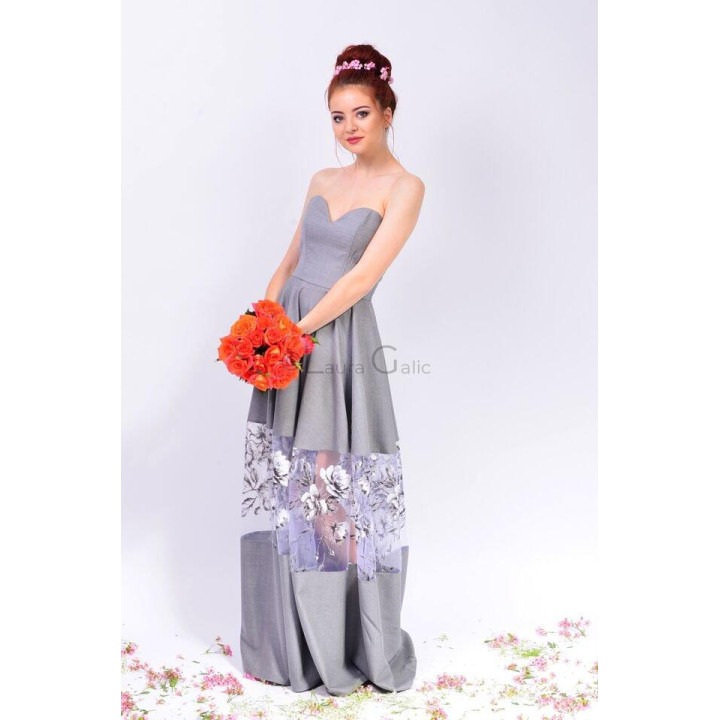 Erica evening dress with a grey bodice and translucent floral skirt panel