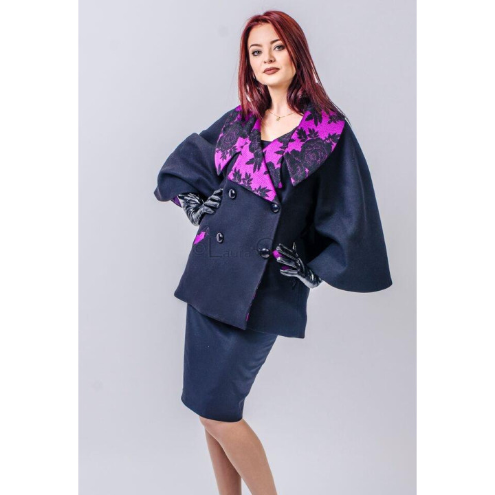 Ginevra women's coat with a wrap front and wide lapel patterned with purple flowers