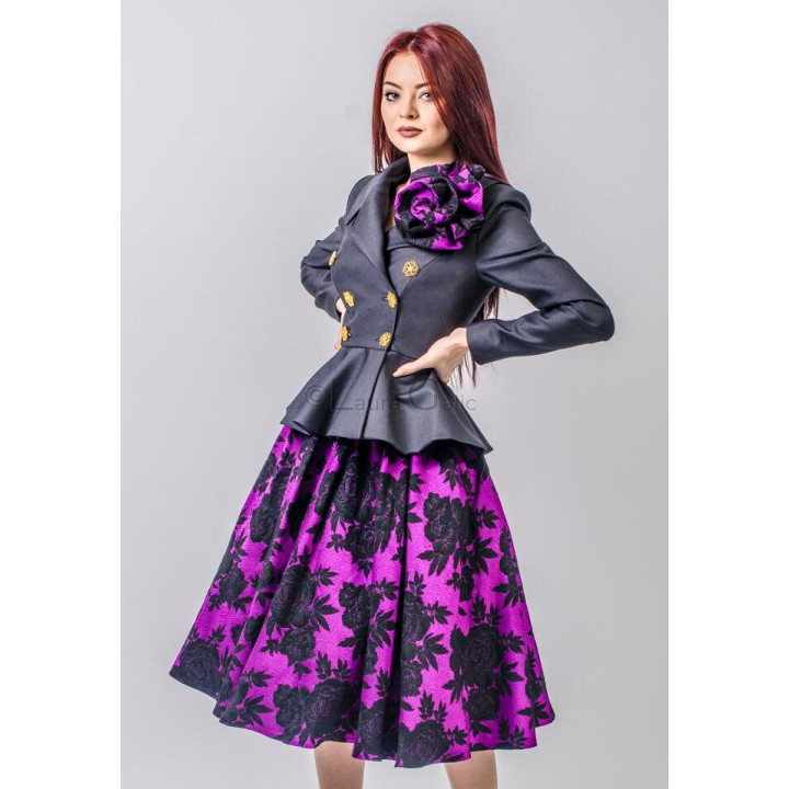 Dark Lupe jacket with decorative gold buttons and a flower at the shoulder