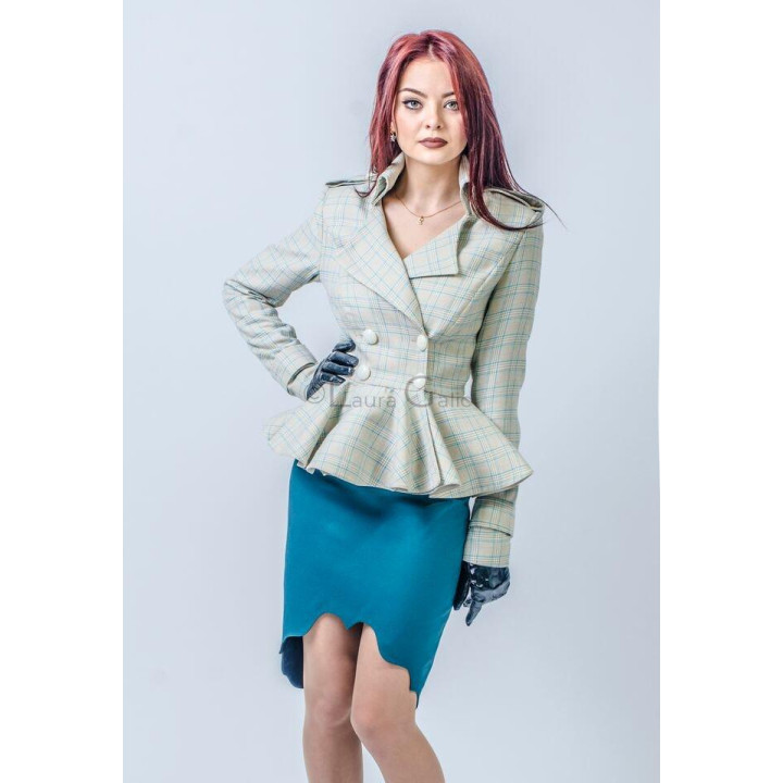 Teal Veronica skirt with an asymmetric hem, styled with a checked jacket