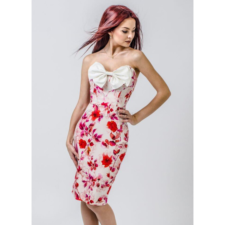 Sara strapless dress with red and pink floral print and a white bow at the bust