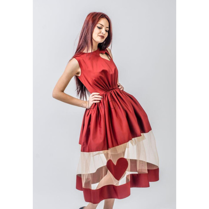 Julia red dress with a heart-shaped bodice cut-out and sheer overlay with a heart appliqué