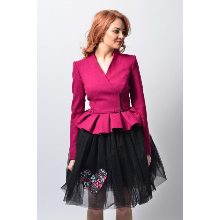 Sacou damă Lotte cu fermoar frontal asimetric și peplum plisat