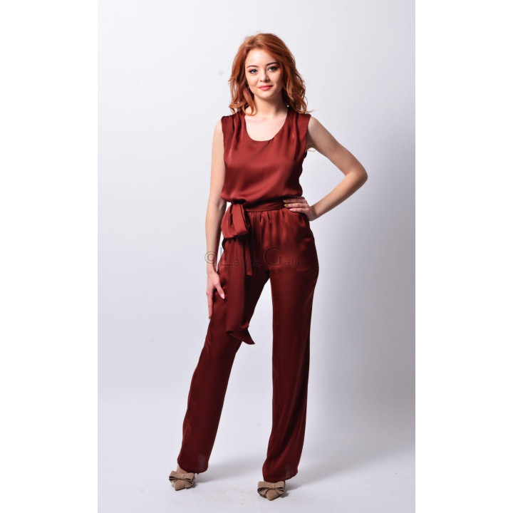 Front detail of Jumpsuit 3 showing its round neckline and bow-tie waist belt