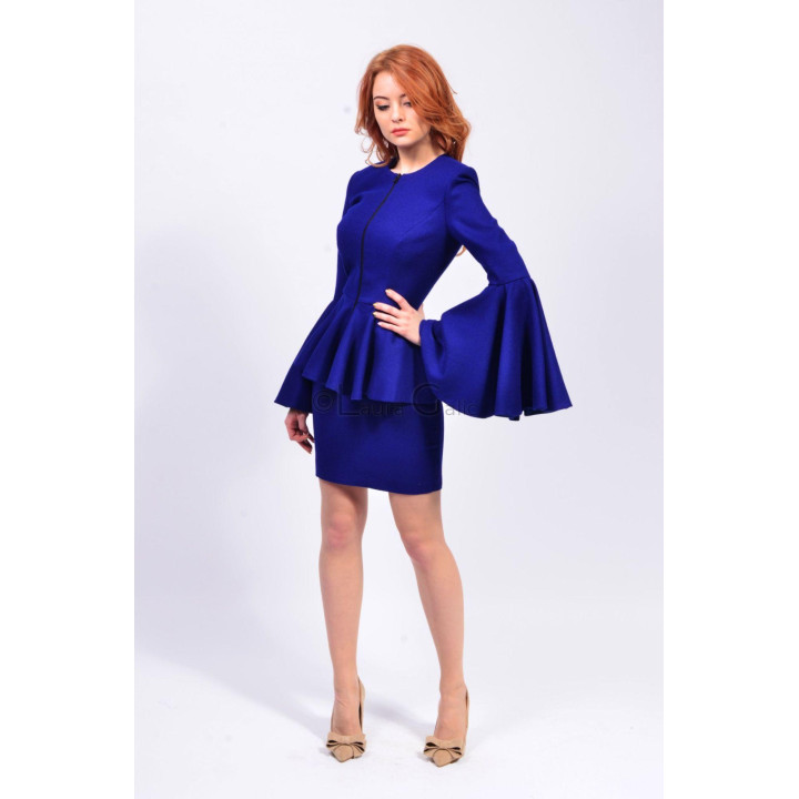 Malena blue women’s suit with peplum jacket and flared sleeves, front view