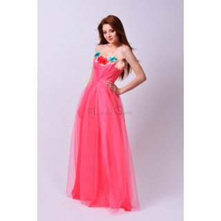 Rochie Alma Tulle roz, lungă, cu fustă amplă din tulle și flori multicolore la decolteu