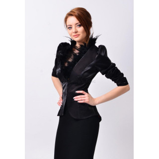 Celia Couture black blazer with natural feathers along the neckline and wide lapels