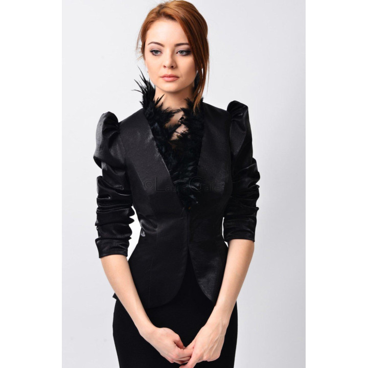 Front view of the Celia Couture blazer with wide lapels, a fitted silhouette and natural feathers