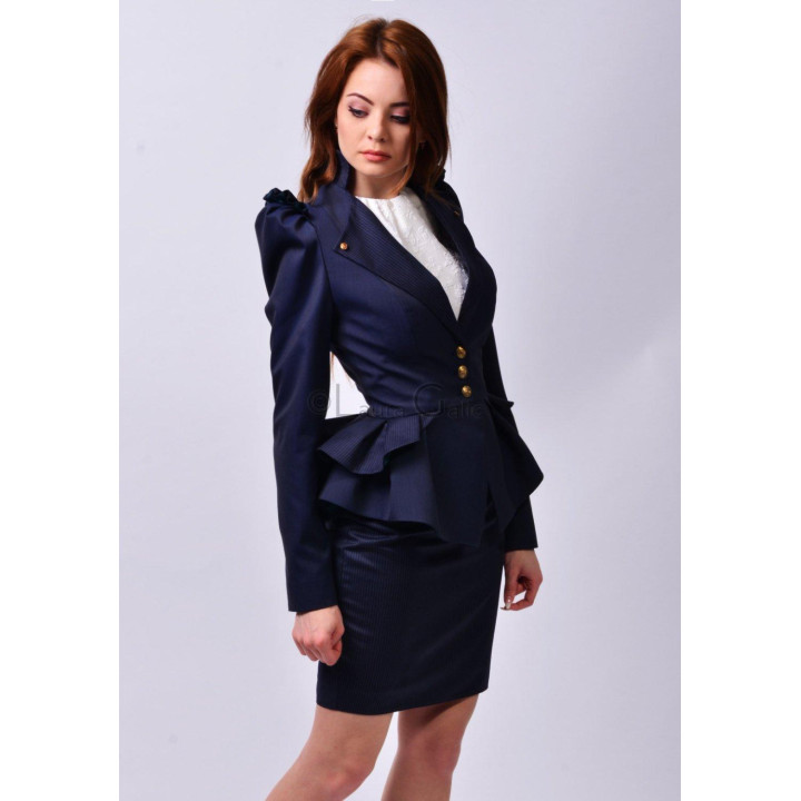 Costum Enia Navy cu sacou cambrat cu peplum și fustă conică bleumarin