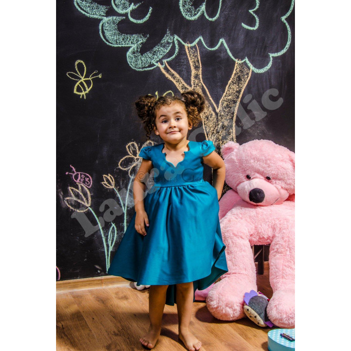 Turquoise Mini Alegra Dress with a scalloped neckline and short sleeves