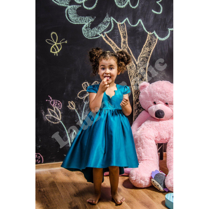 Front detail of the scalloped neckline and fitted bodice on the turquoise Mini Alegra Dress
