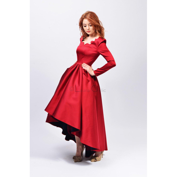Red Mini Alegra Dress with long sleeves, a scalloped neckline and an asymmetric full skirt