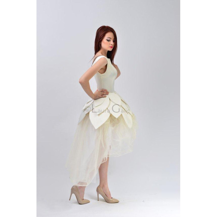 Ivory Gina 5 Mini dress with decorative petal panels and an asymmetric tulle hem