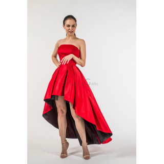 Lorena red strapless evening dress with an asymmetric skirt and black underlayer