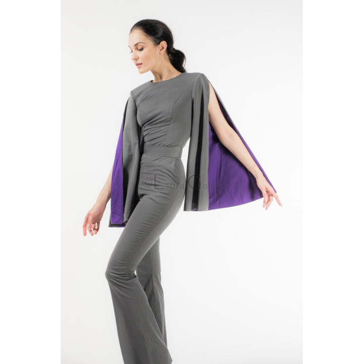 Purple inner panel of the cape sleeve on the grey trouser set