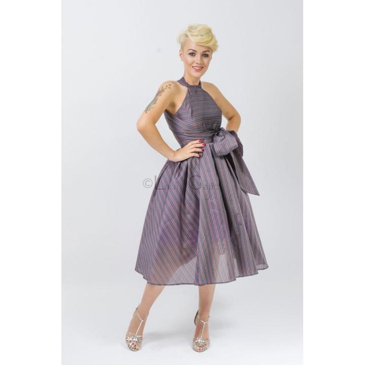 Full view of the Marina midi dress with a full striped skirt and waist bow