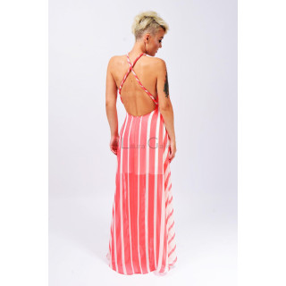 Agness 2 striped maxi dress in coral and white with an open back and crossed straps