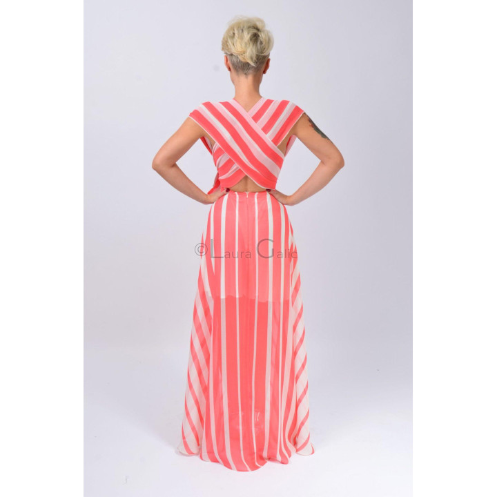 Back of the Agness 2 maxi dress showing crossed straps and a long striped skirt